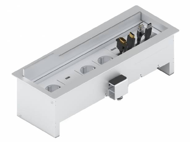 PanConnect UNI6 - Boitier de connectique - Chassis Flush, 3 x 220v, 2 x USB-C, Retractor 150 cm avec 1 x Lan, 1 x HDMI, 1 x VGA, 1 x Audio - Blanc, Silver ou Noir PANC-UNI6-FS-3PW-2USBC-R15-LHVA Connectique & péri-informatique