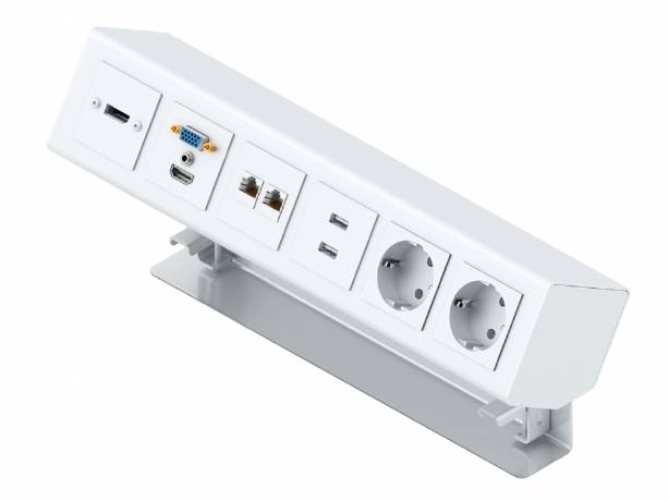 PanConnect MINI6 - Boitier de connectique - Montage côté, 2 x 220v, 2 x USB-C, 1 x double Lan, 1 x HDMI + VGA + audio, 1 x DP - Blanc, Silver ou Noir PANC-MINI6-SM-2PW-2UC-2L-VAH-DP Connectique & péri-informatique
