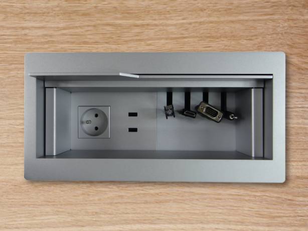 PanConnect UNI4 - Boitier de connectique - Chassis Flush, 1 x 220v, 2 x USB-C, Retractor 120 cm avec 2 x Lan, 2 x HDMI - Blanc, Silver ou Noir PANC-UNI4-FS-1PW-2USBC-R12-2L2H Connectique & péri-informatique