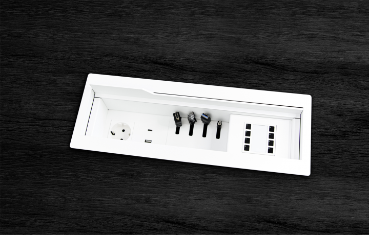 PanConnect UNI - Boîtier de connectique 4 ou 6 modules configurable avec alimentation, câbles rétractables et/ou modules de connexion - Blanc, Silver ou Noir PanConnect UNI - Boîtier de connectique 4 ou 6 modules configurable avec alimentation, câbles rétractables et/ou modules de connexion - Blanc, Silver ou Noir PANC UNI-2021 Connectique & péri-informatique