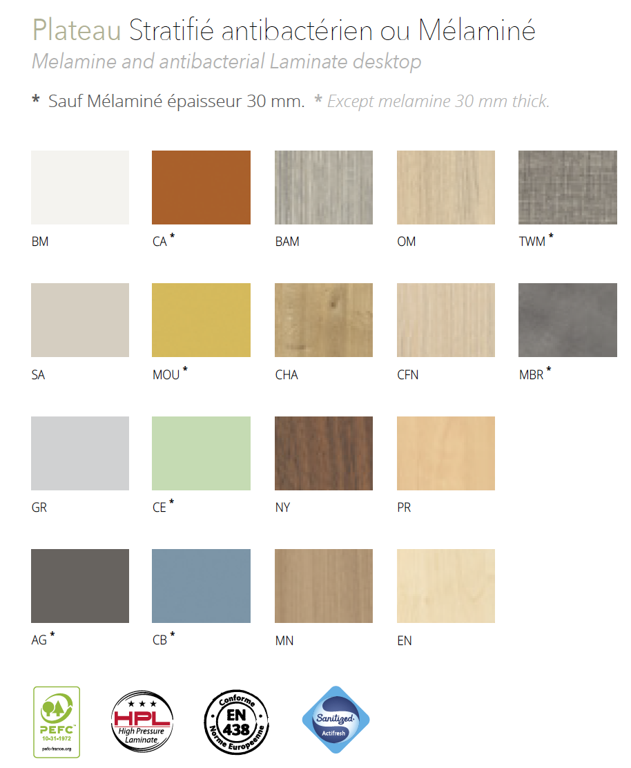 4 formes de piètement et de nombreuses coloris plateau